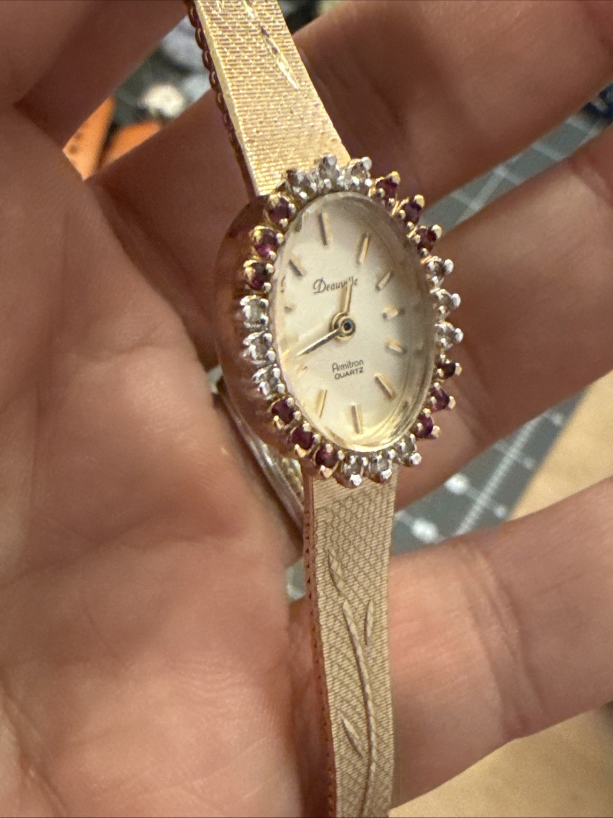 24 diamond ruby Deauville Ladies watch gold plate band new battery