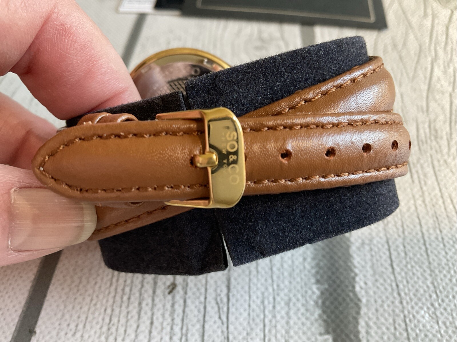 SO & CO New York, Quartz Leather Double Wrap Strap Gold & Brown NEW In Box