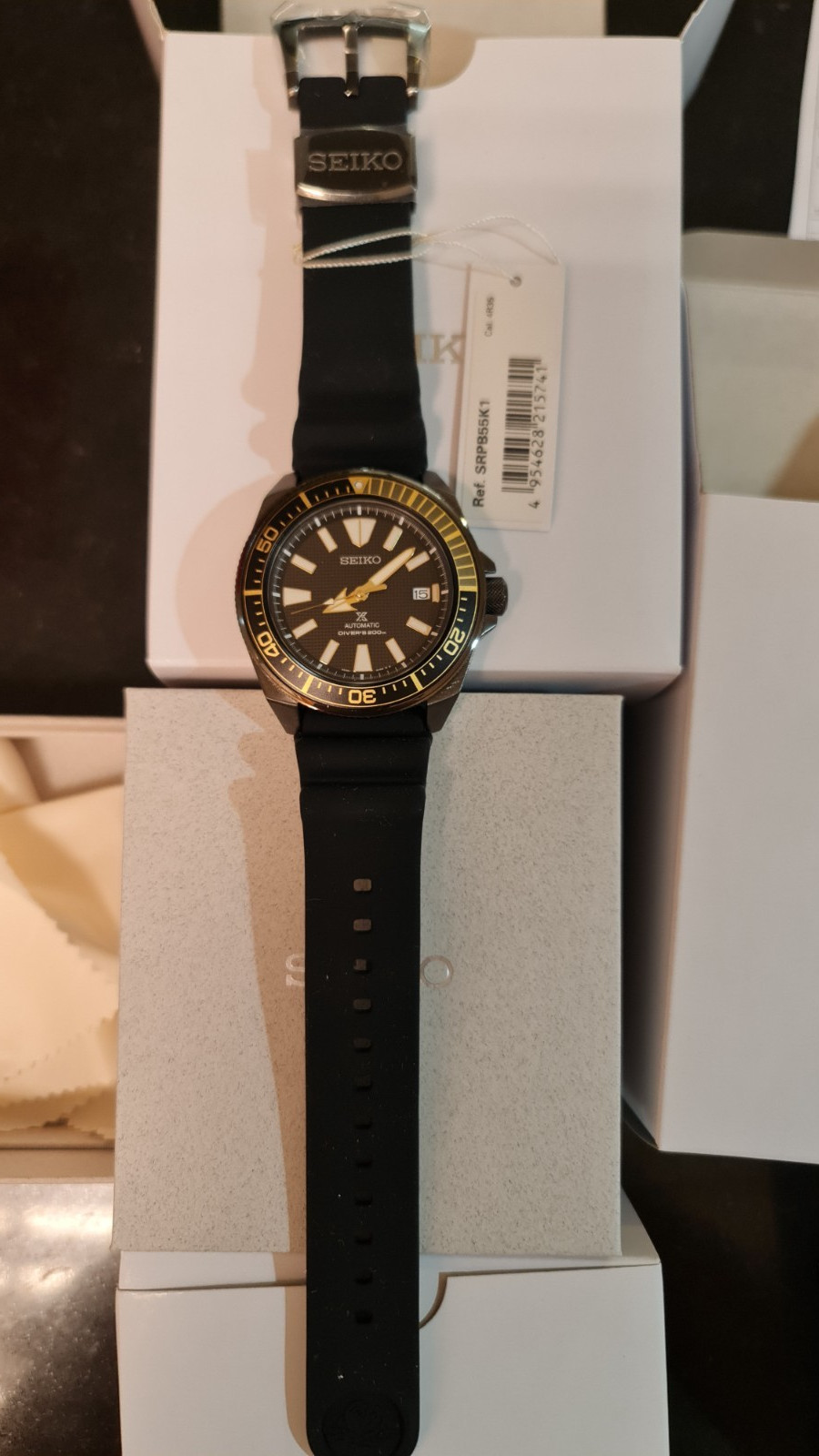 SEIKO ProspeX SRPB55K1 Samurai Automatic Watch Diver’s Gold Bezel Rubber Black