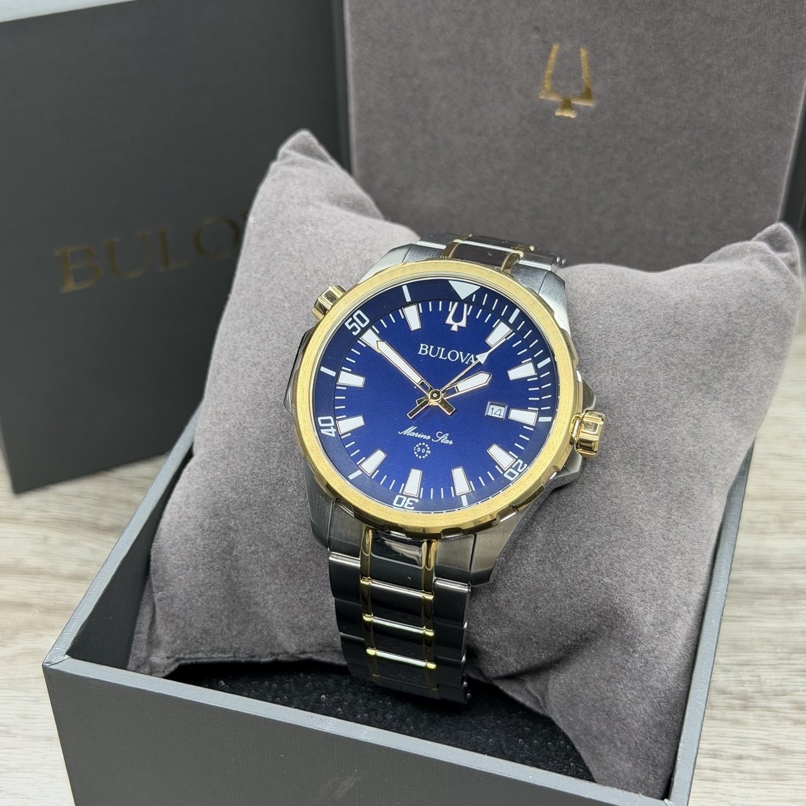 SPORT✅ Bulova Marine Star Blue Dial Calendar Two-Tone Men’s Watch 43mm 98B384