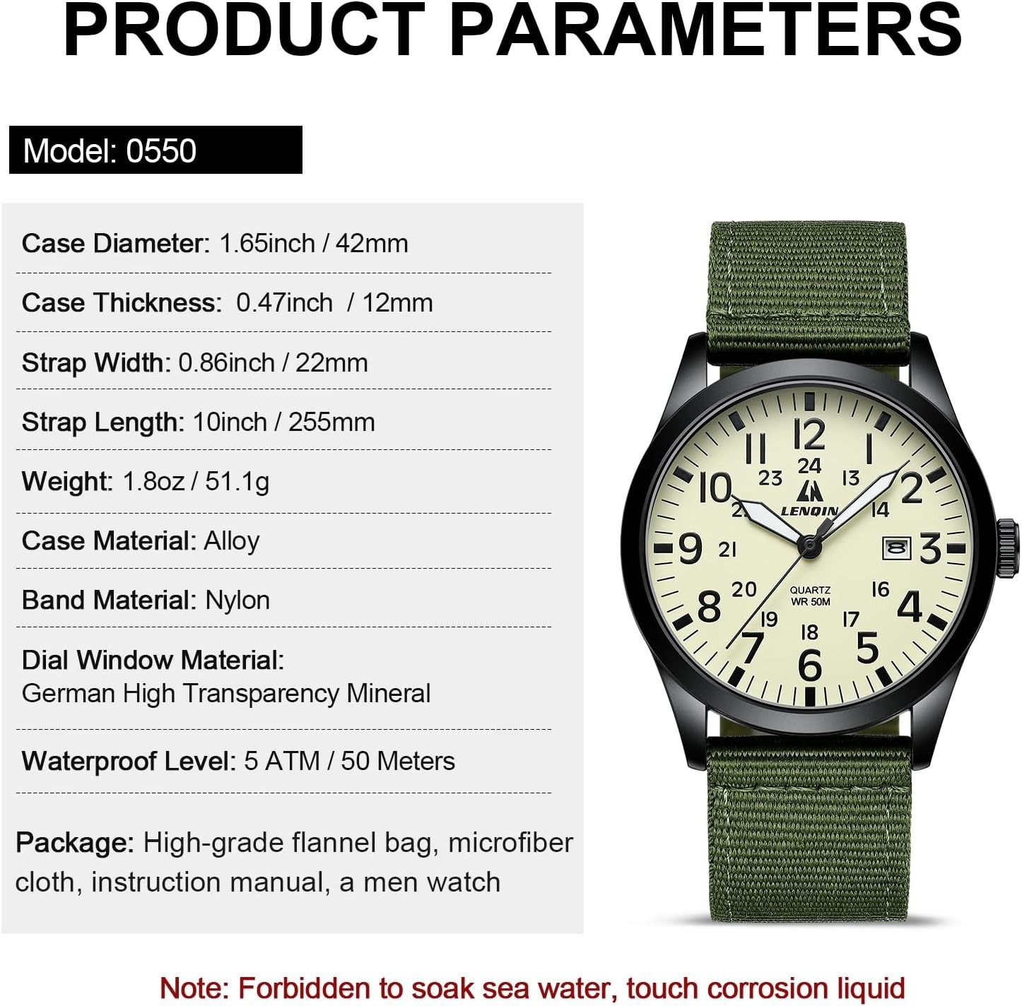 LN LENQIN Men’s Military Tactical Watch Analog Quartz Luminous Nylon Strap Water