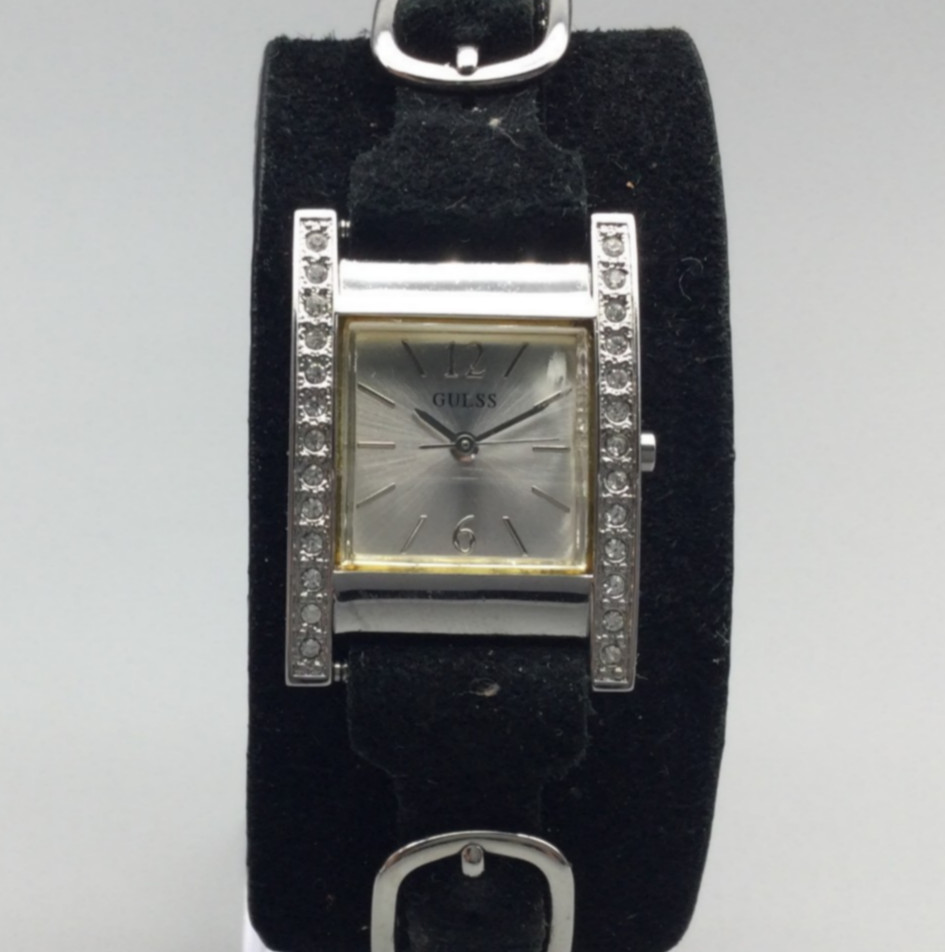 Guess Watch Women G66222L 22mm Silver Tone Bling Black Leather Band New battery