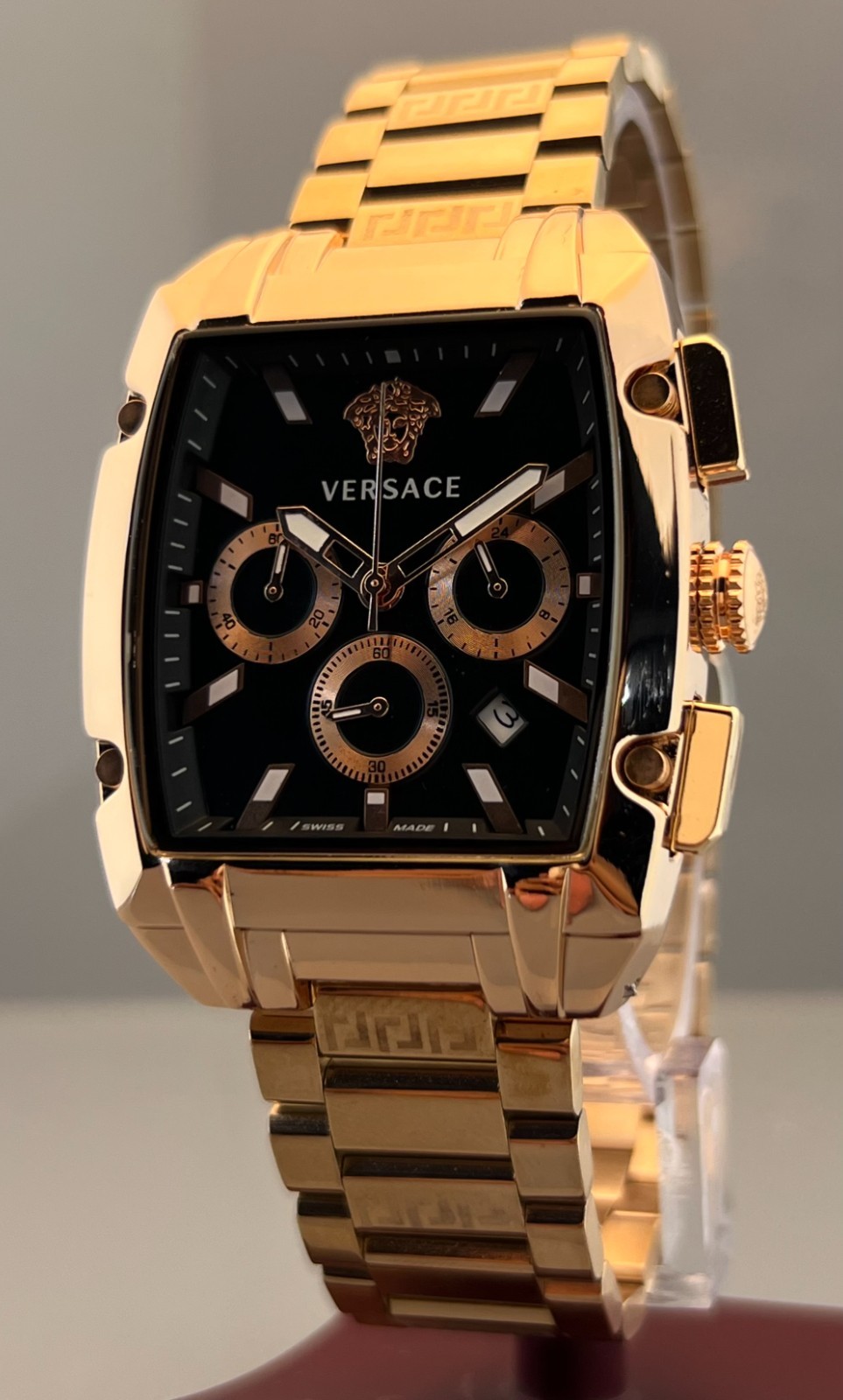 Vintage Men’s Versace Dominus Chrono Quartz Black Dial Rose Gold-Plated Watch