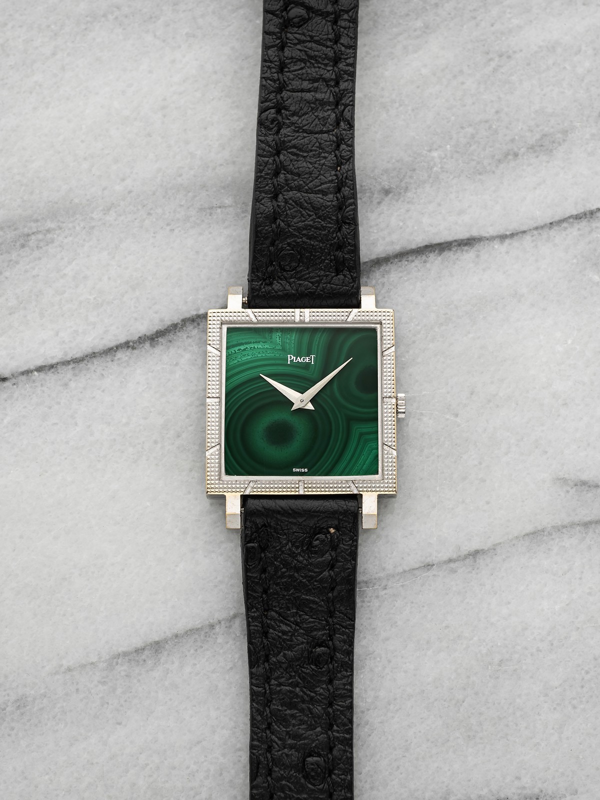 Vintage 1970s Piaget 937 Square Hobnail 18K WG Malachite Dial Manual 30mm