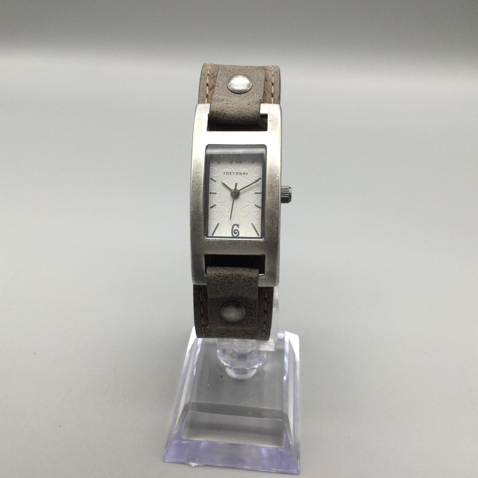 TOKYObay Womens Watch 20mm Silver Tone Brown Leather Cuff Strap New Battery