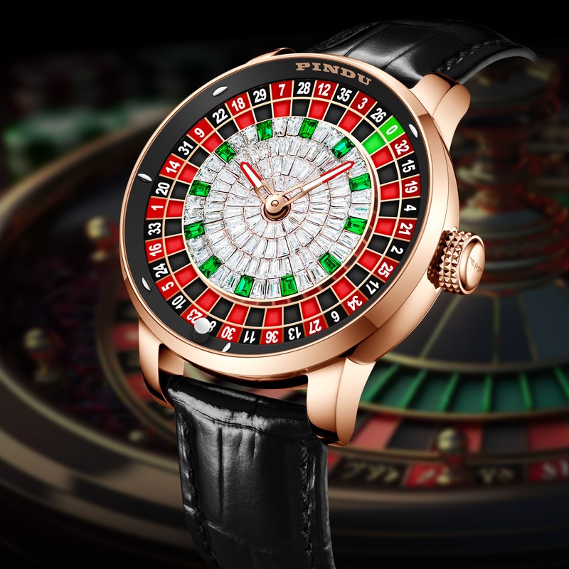 PINDU Men’s Mechanical Watch Rose Gold Case Black Leather Strap 3ATM waterproof