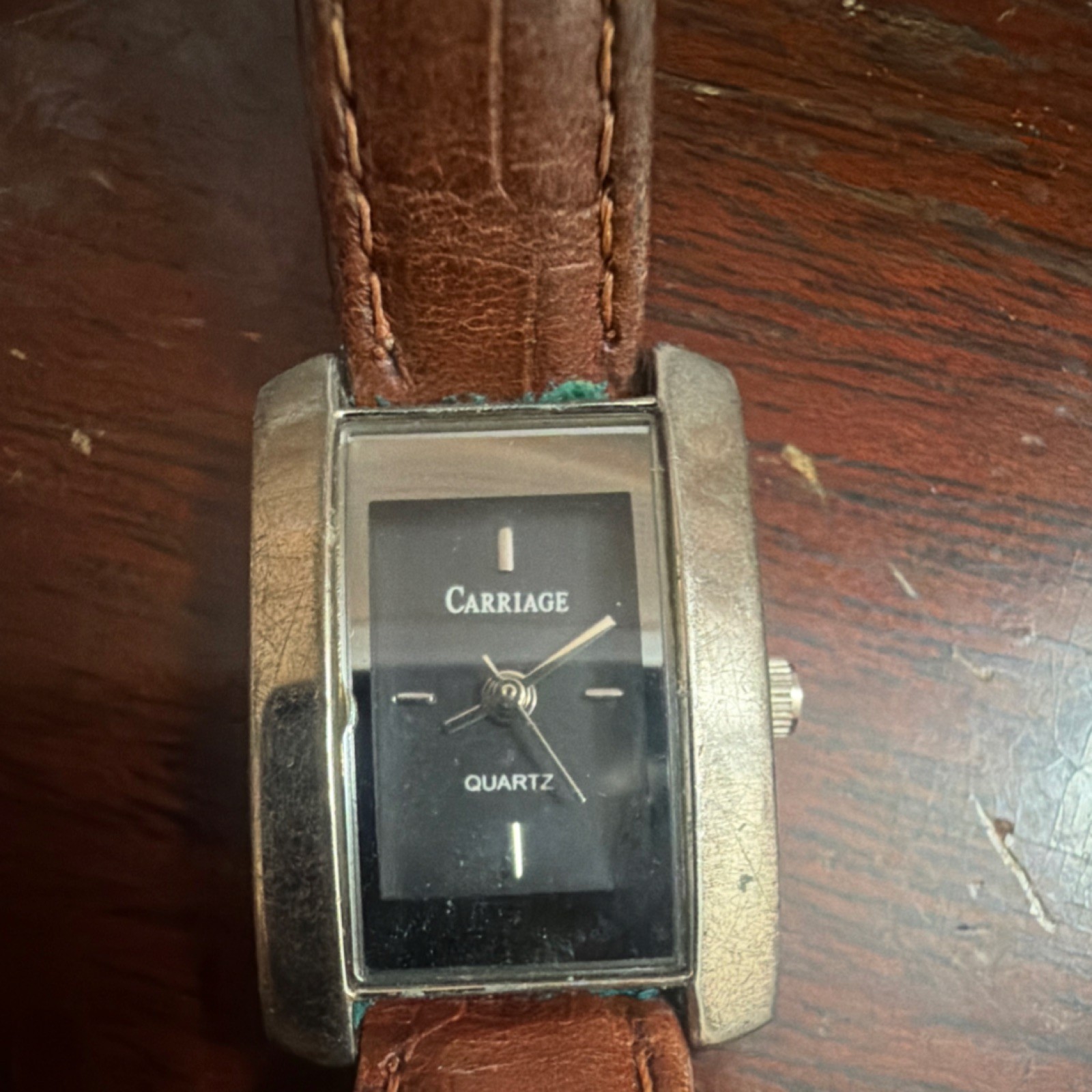 Carriage Quartz Analog Watch Black Dial Baton Indexes Brown Leather Strap