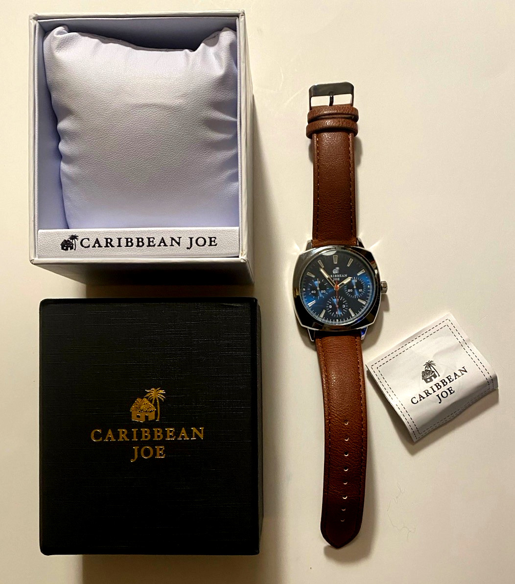 Caribbean Joe Men’s SilverTone Four Dial Watch Faux Leather Strap CJ1728SLKO NWT