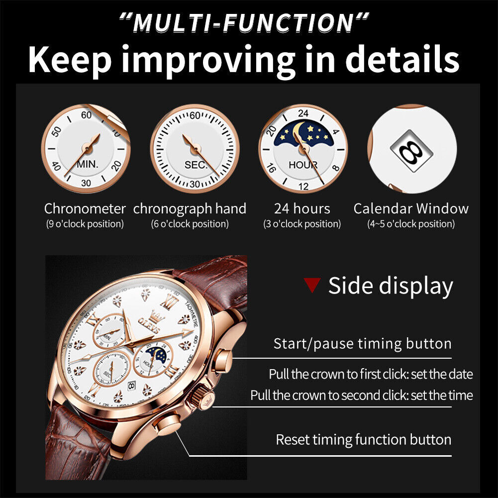 OLEVS Man’s Watch Chronograph Diamond Date Moon Phases Waterproof Wristwatches