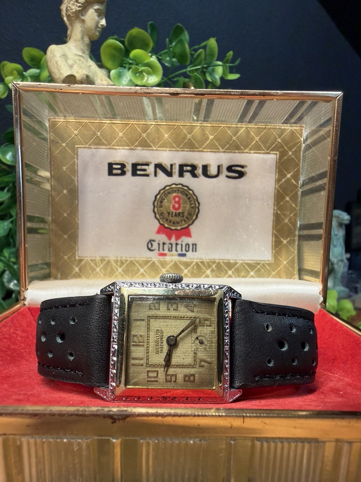 Vintage Art Deco Benrus Mechanical Plated Tank Wrist Watch With Box