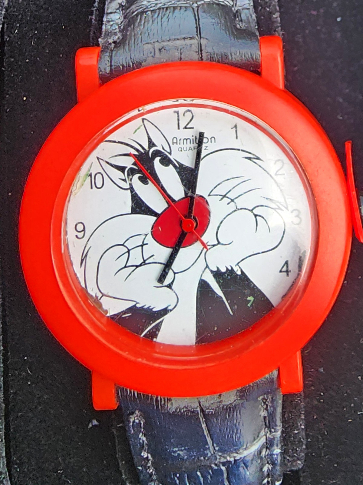 Armitron Quartz Cartoon Dial Analog Watch Red Plastic Case Black Leather w/ Box