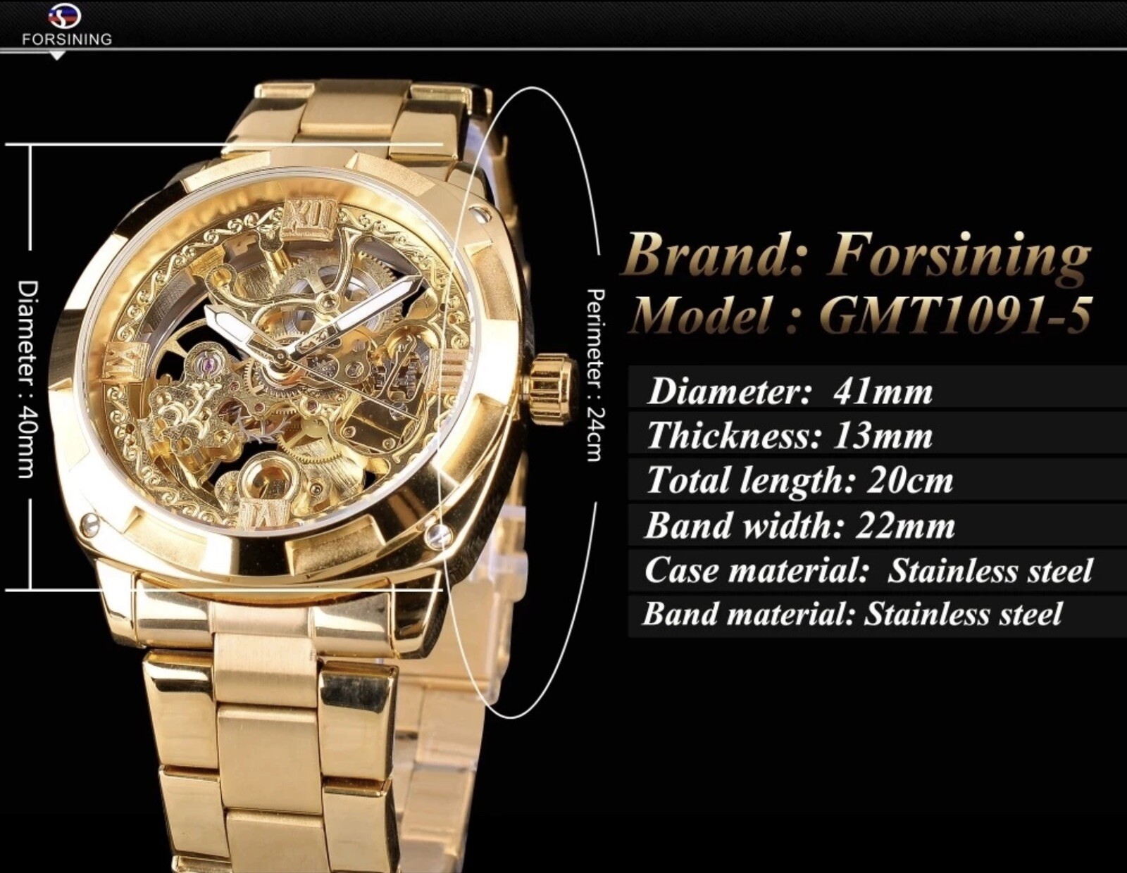 Forsining Mens Skeleton Mechanical Waterproof Luxury Watch Gold Gift Idea
