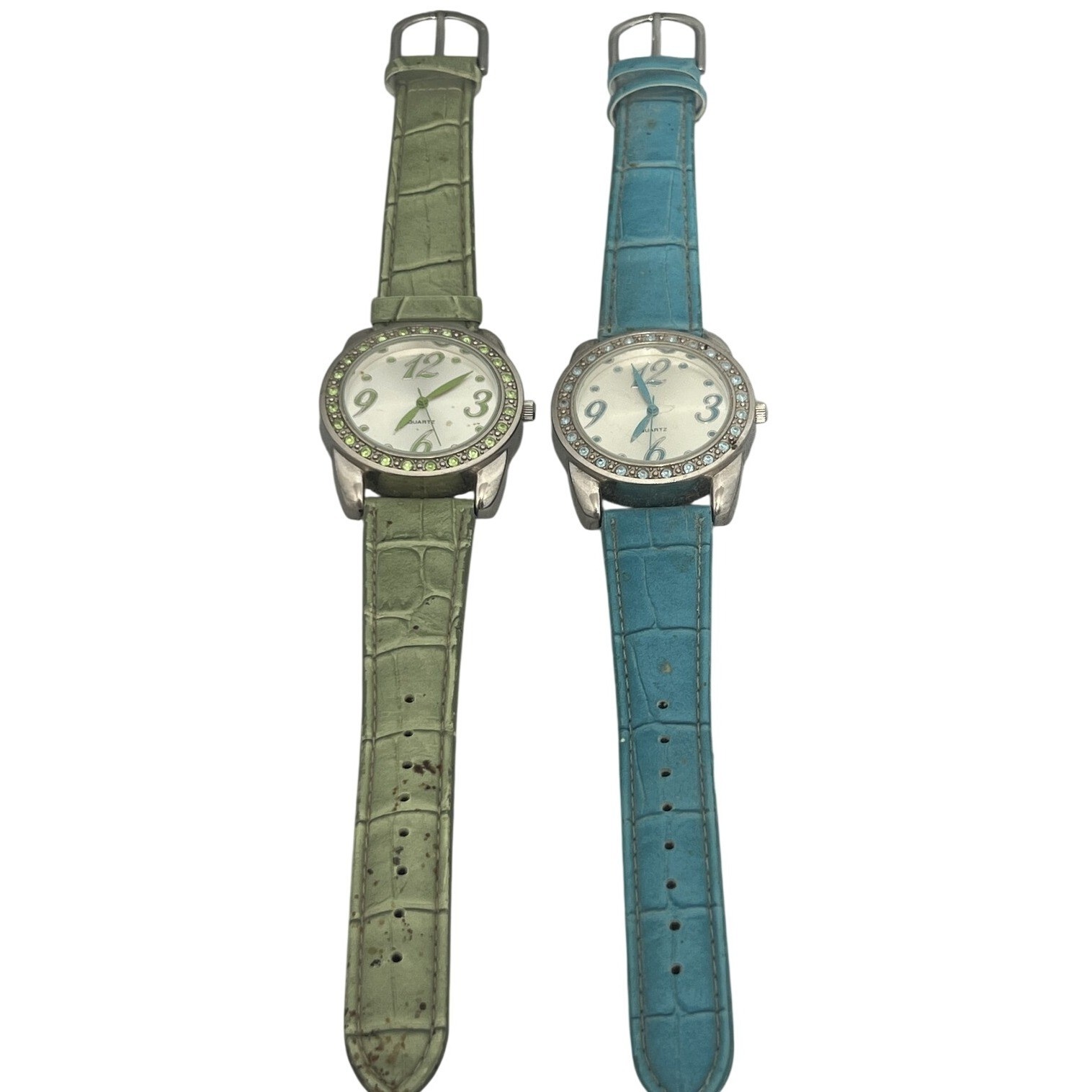 Pair of Women’s Fashion Wristwatches Green & Blue Bands Rhinestone Bezel