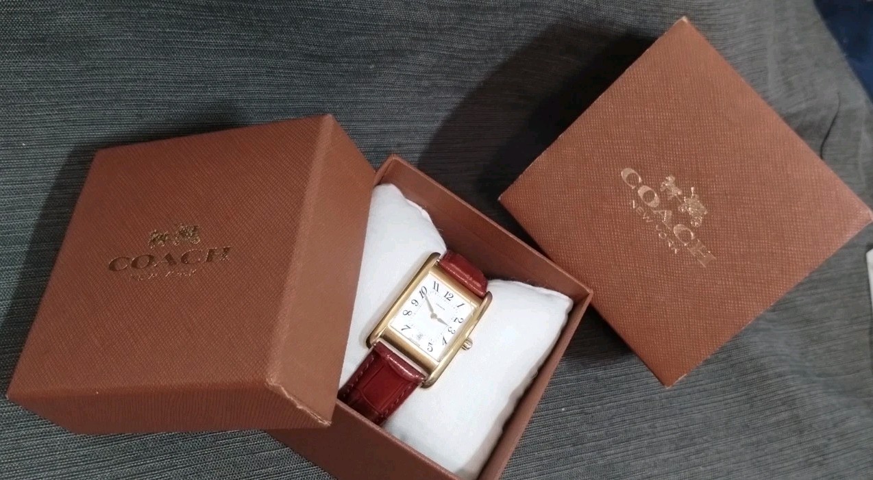 Coach Tank Style Quartz Watch W503B Date Window Brown Crocodile Embossed Leather