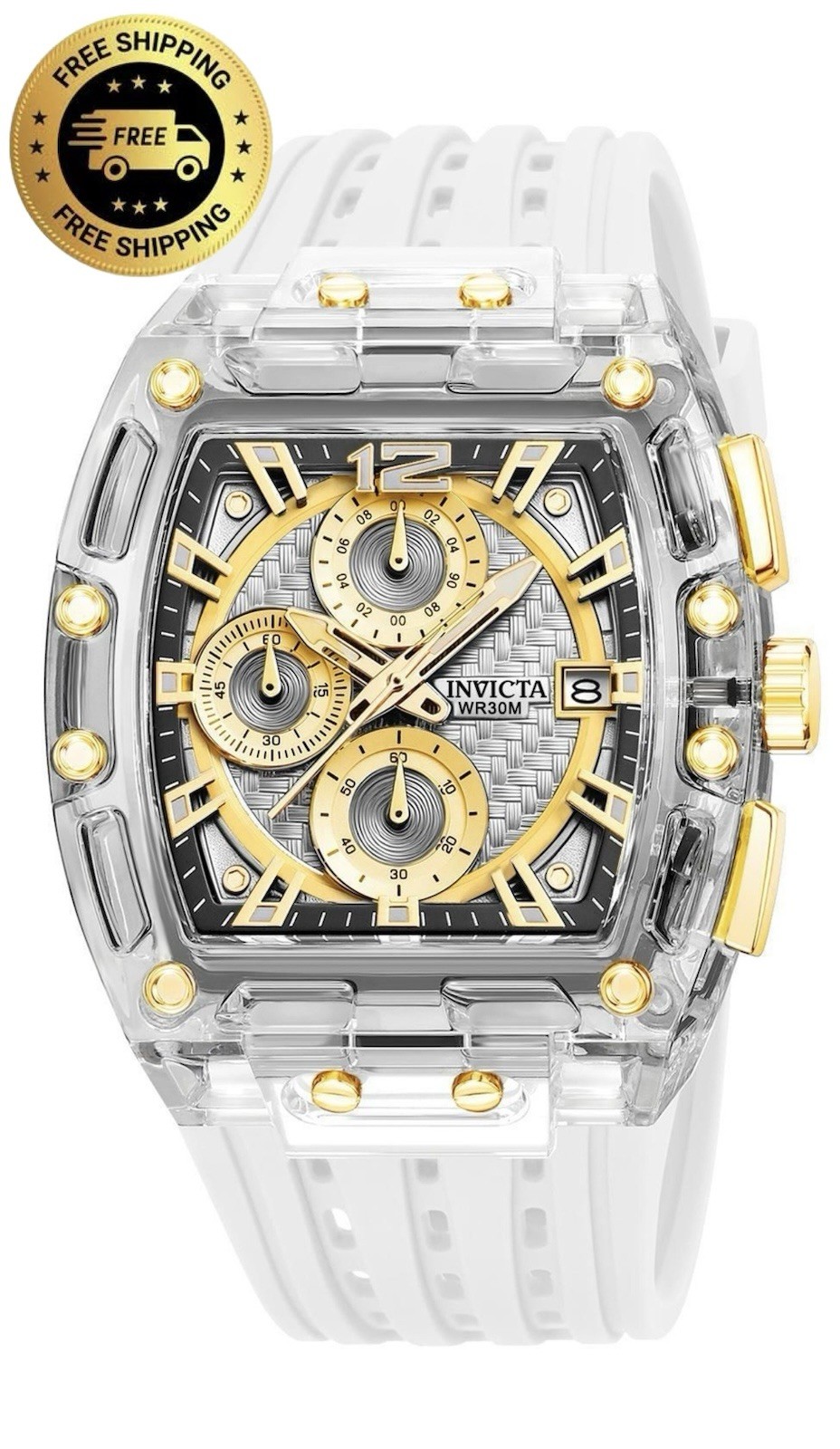 Invicta S1 Rally Men’s Watch – 42mm, Transparent/Gold, White Strap, Quartz 🔥