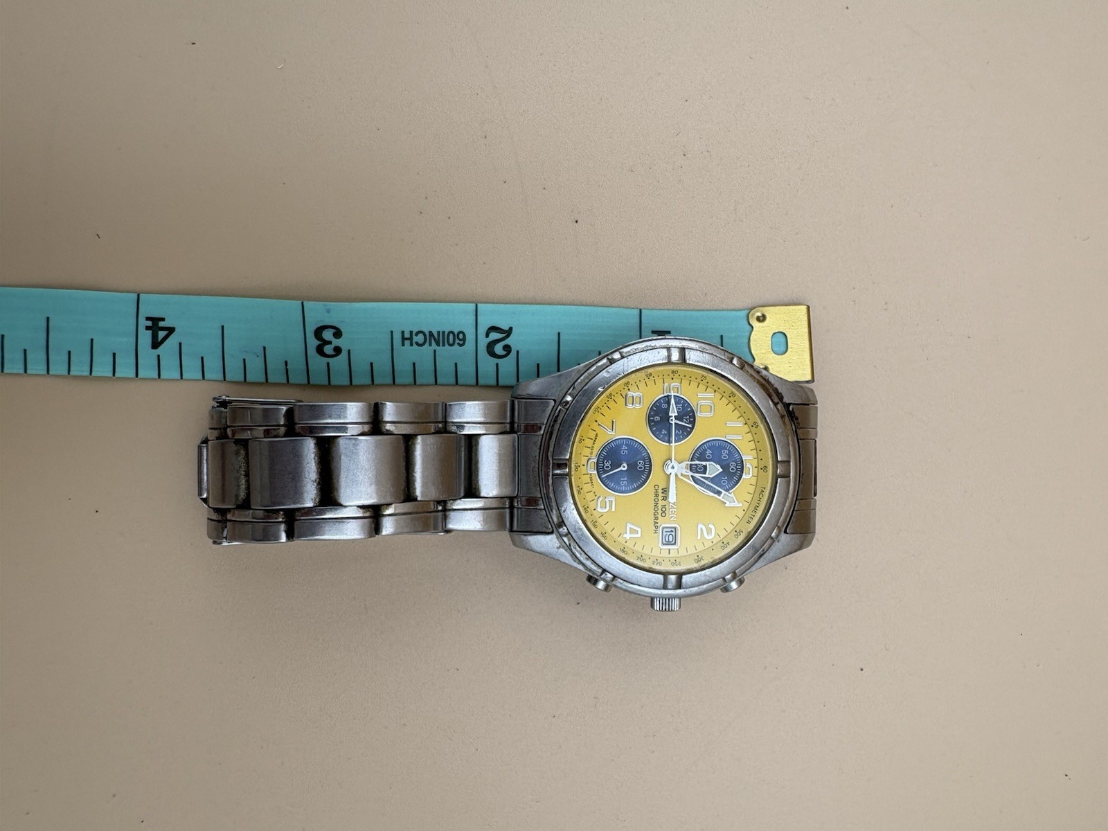 Citizen Chronograph WR100 Yellow Dial Stainless Steel Quartz Men’s Watch AS IS