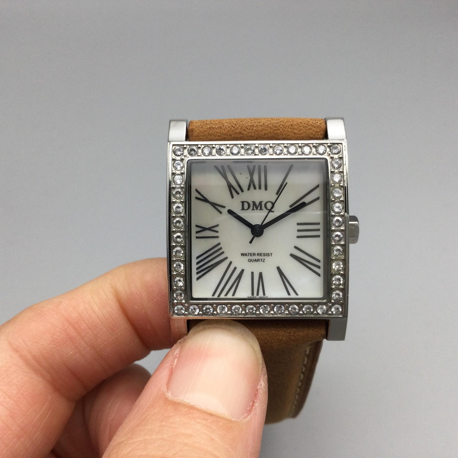 DMQ Square Watch Womens 28mm Silver Tone Crystals Tan Leather Strap New Battery