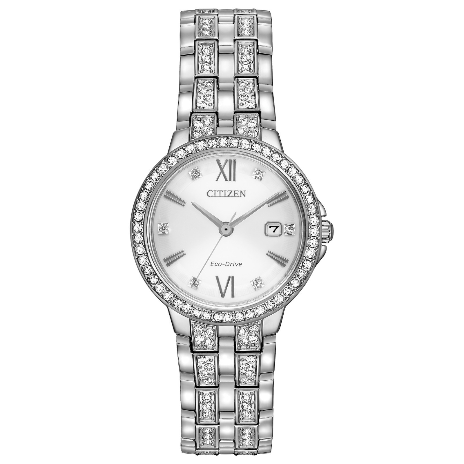 Citizen Women’s Crystal Accent Date Silver Eco-Drive Watch 28MM EW2341-63A