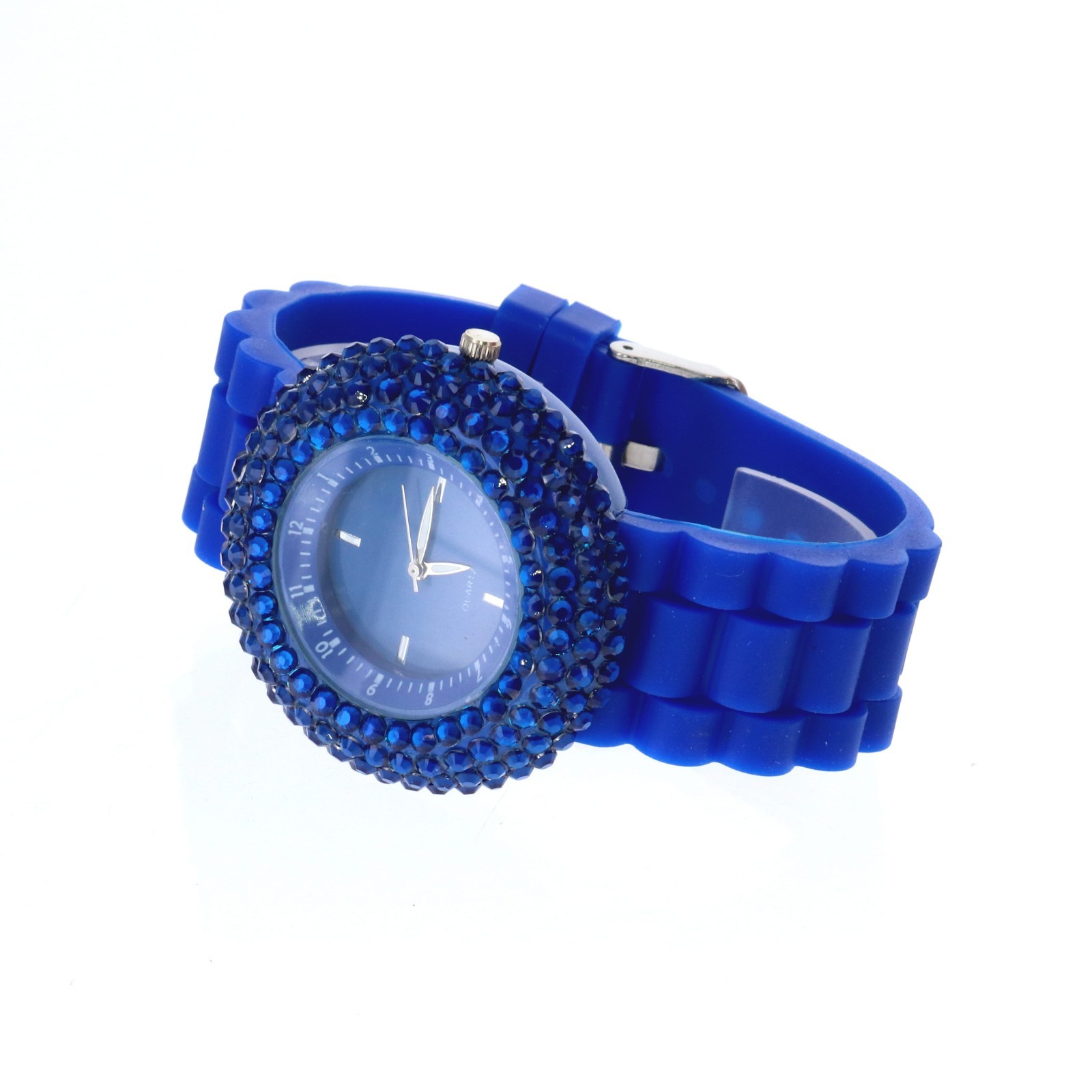 Women’s Blue Rhinestone Watch Fully Ice Bling Bezel Blue Silicone Band