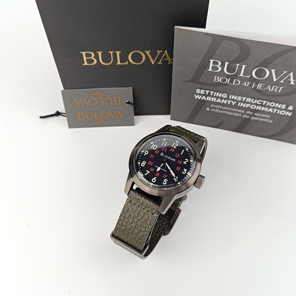 Bulova Military Hack 98A255 Black Dial Green Leather Strap Automatic Men’s Watch
