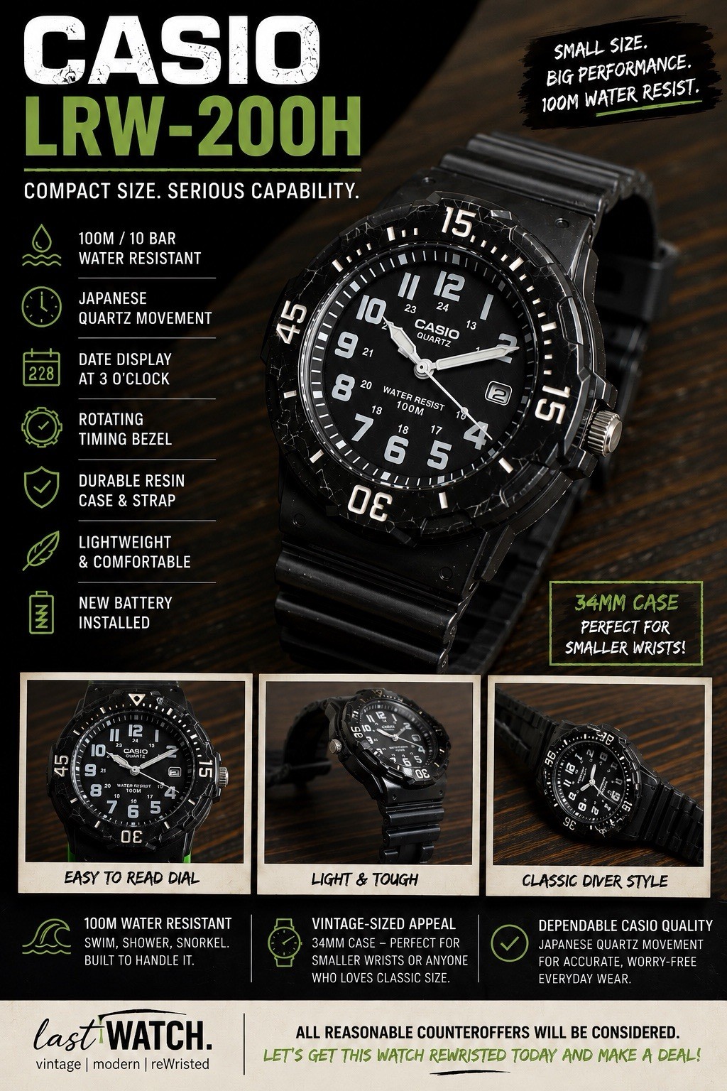 Casio LRW-200H 100M Quartz Date Black Dive Style Watch New Battery Runs Great!