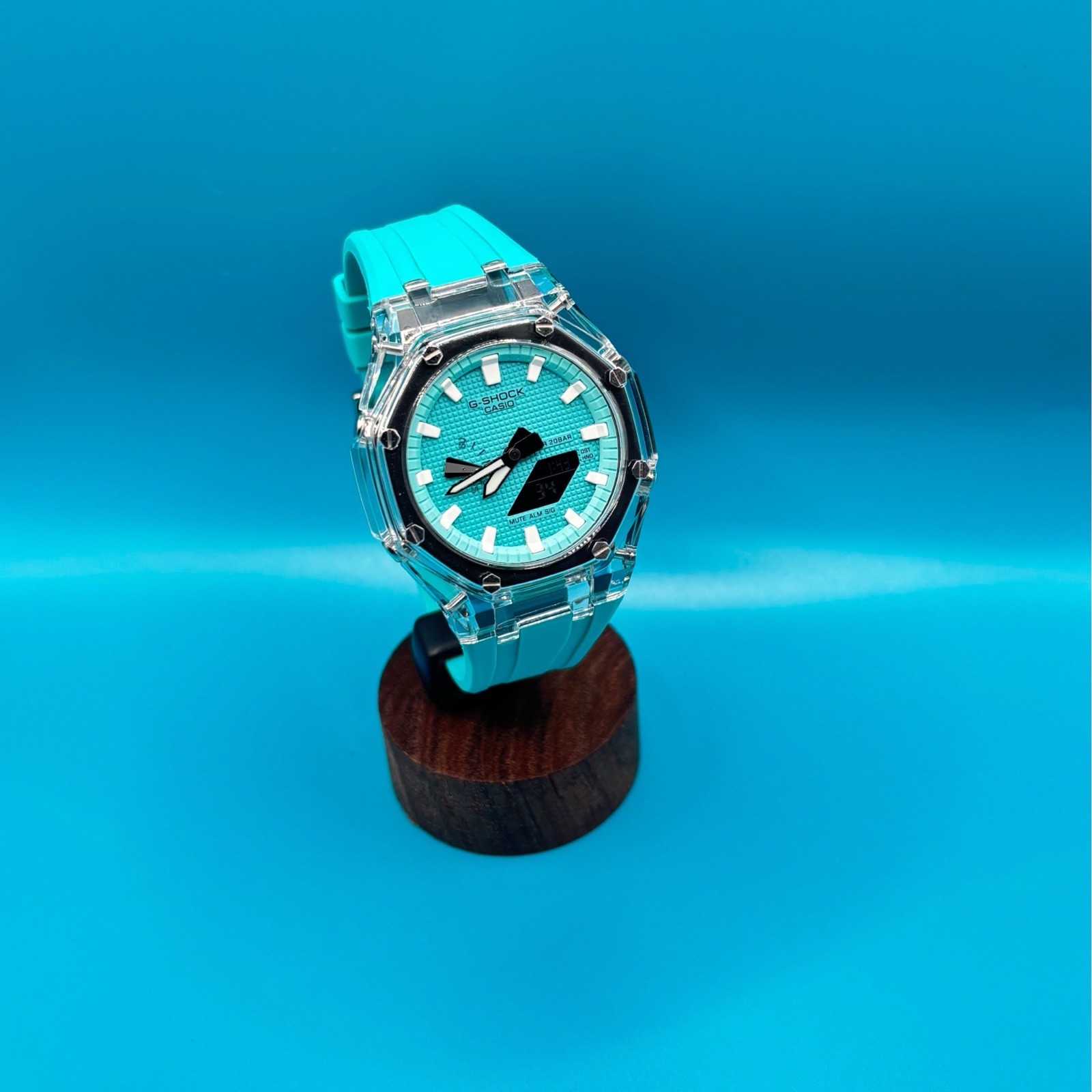 Casio G shock Custom 2100 Octagonal Watch Clear Case Turquoise SKY Blue Dial