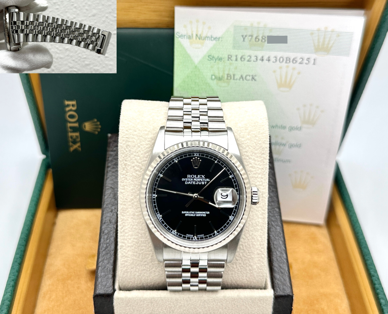 2005 Rolex Datejust 16234 Black Rail Dial 18k Gold Stainless Steel Box Paper
