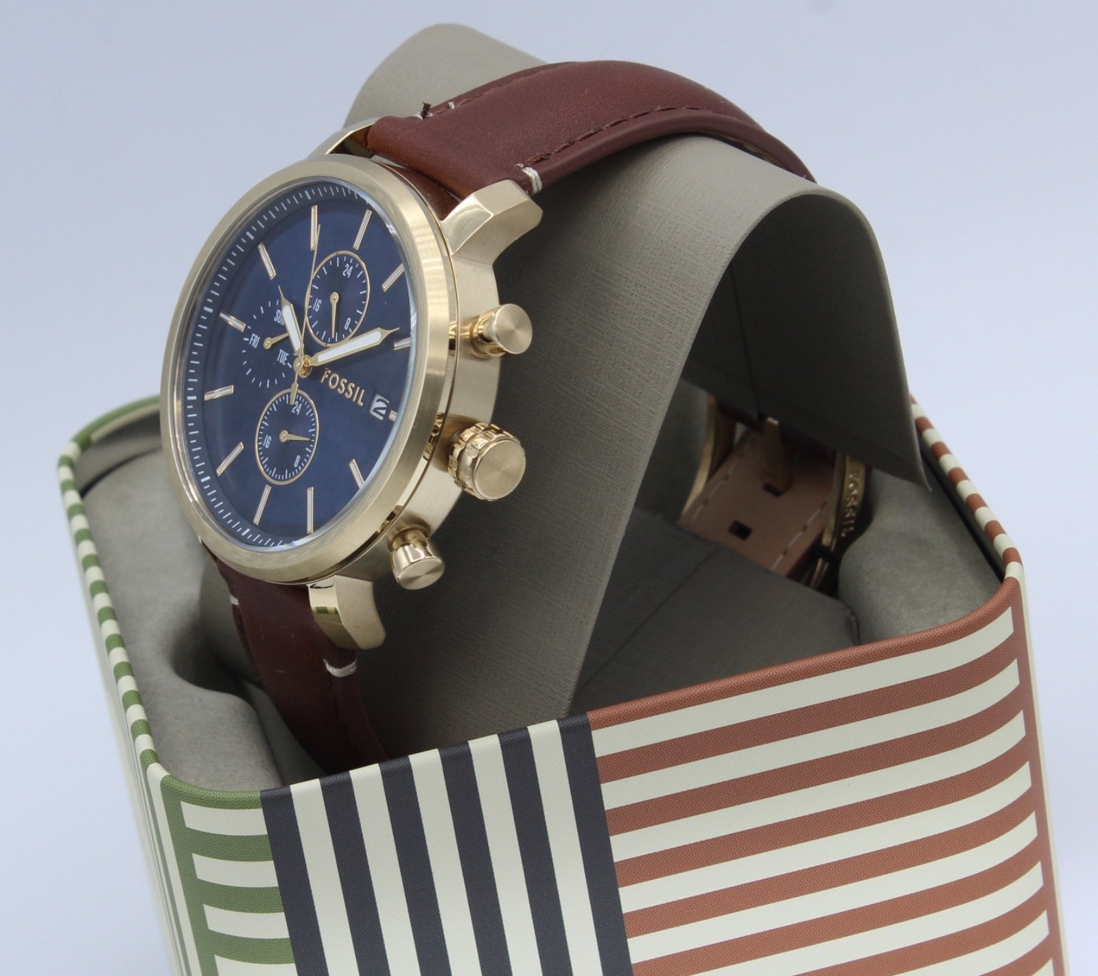 Fossil Rhett Chronograph Gold Blue Brown Leather BQ2848 Mens Watch