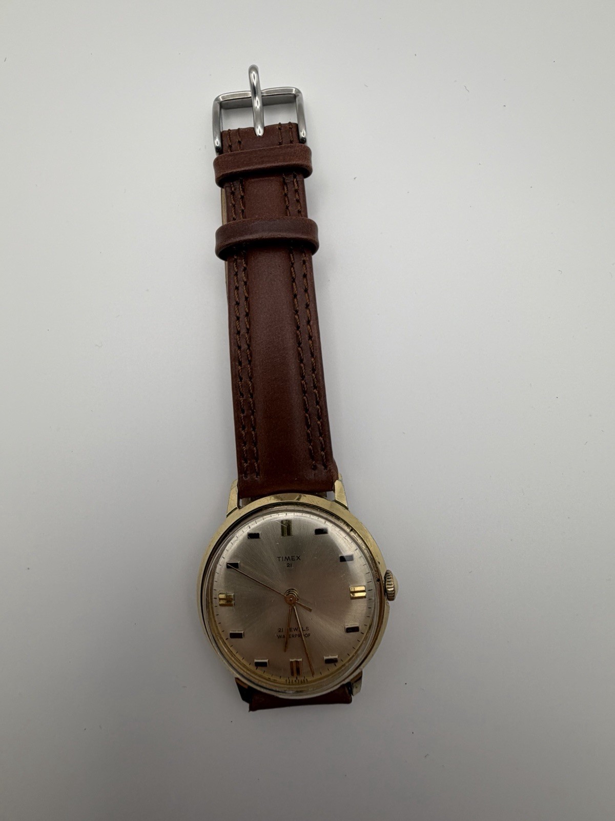 Vintage 1968 Timex 21 Jewel Manual Wind 33mm Gold Tone Silver Dial Men’s Watch
