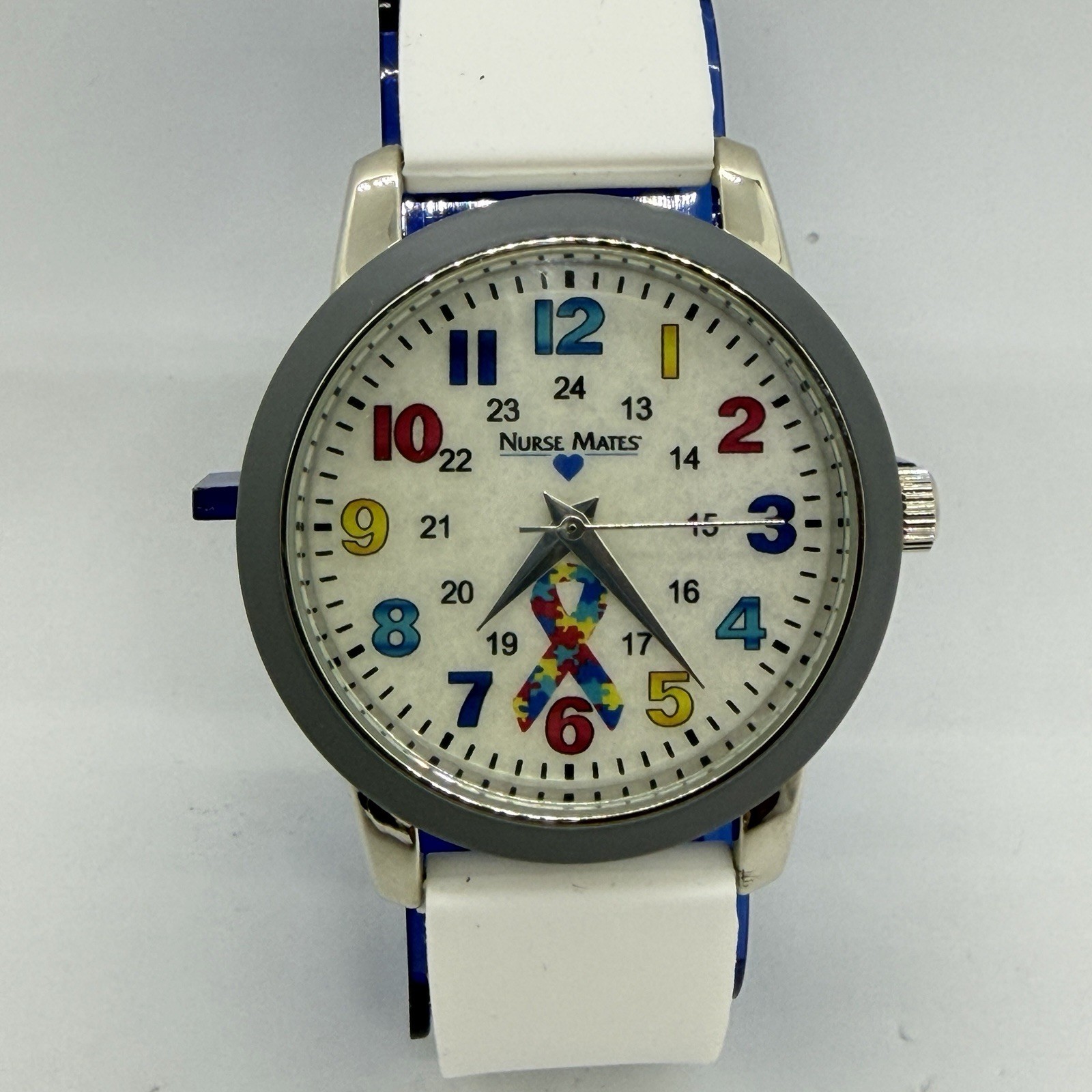 Nurse Mates Autism Awareness nurse watch water-resistant silicone strap – White