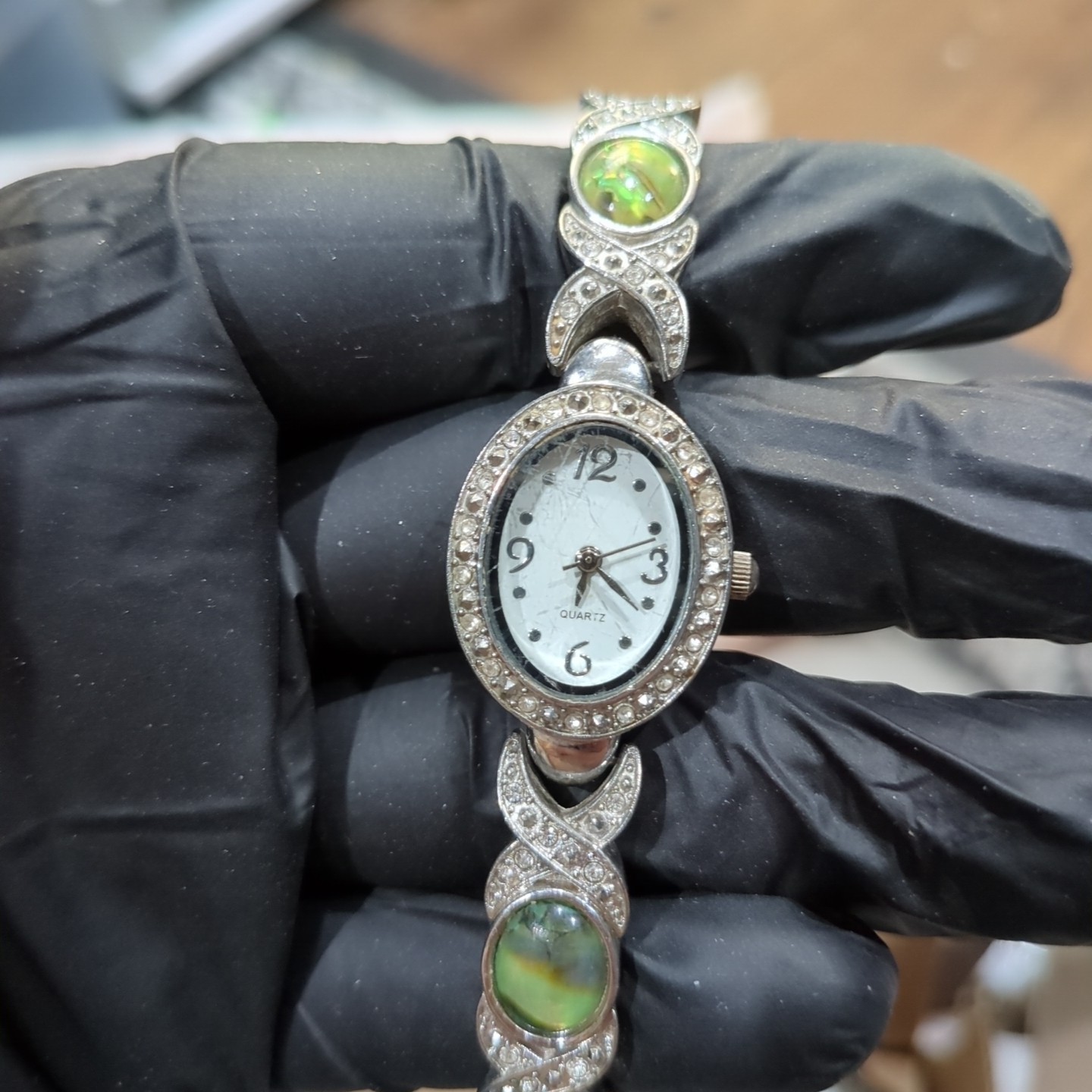 Oval Green Stone Watch Women 20mm Silver Tone Crystals New Battery Fit 7in