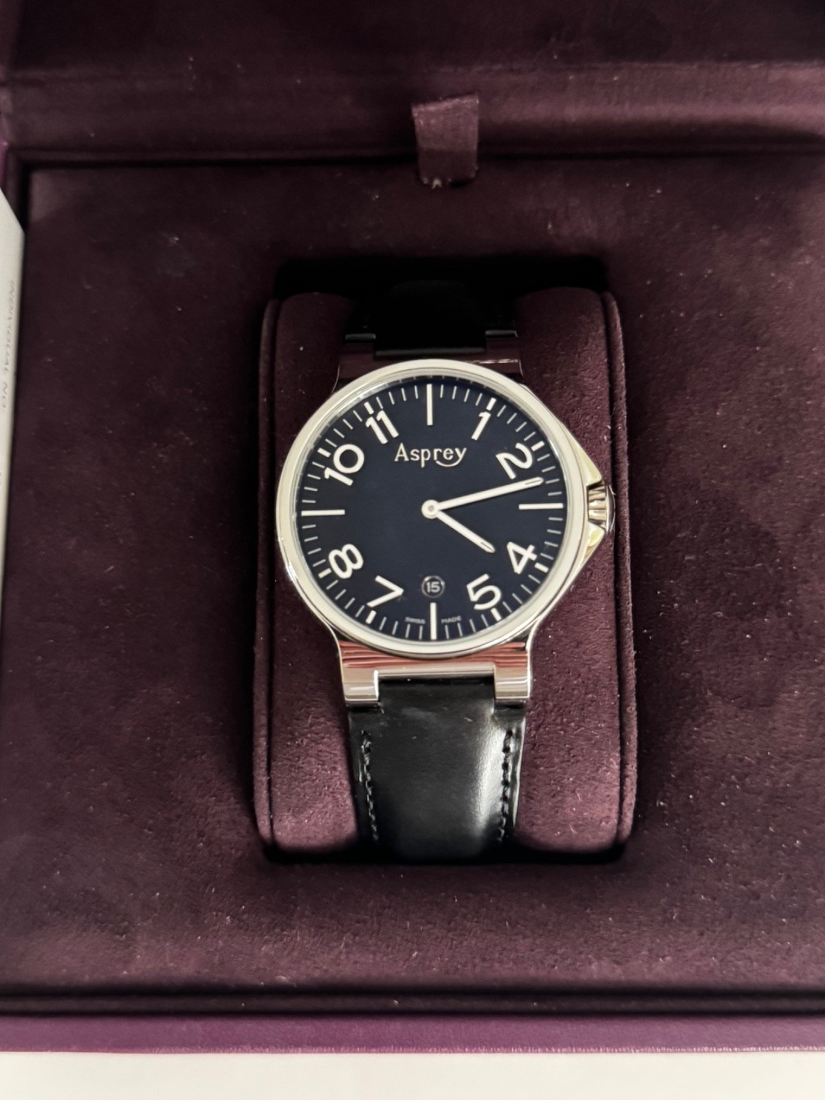 Asprey watch No8 with box and papers, silver case, excellent condition.