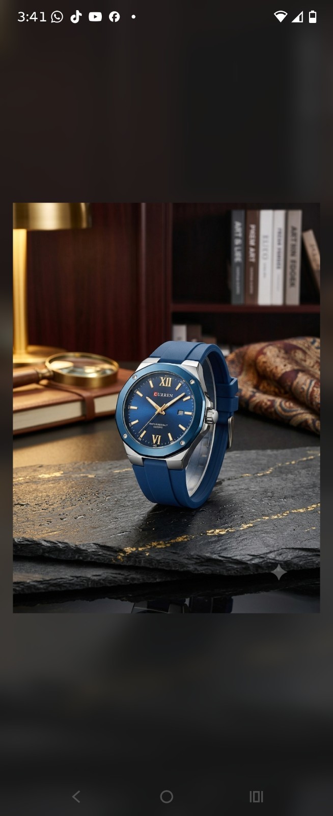 CURREN Quartz Analog Watch Blue Sunburst Dial Date, Blue Rubber Strap 40-43.9mm