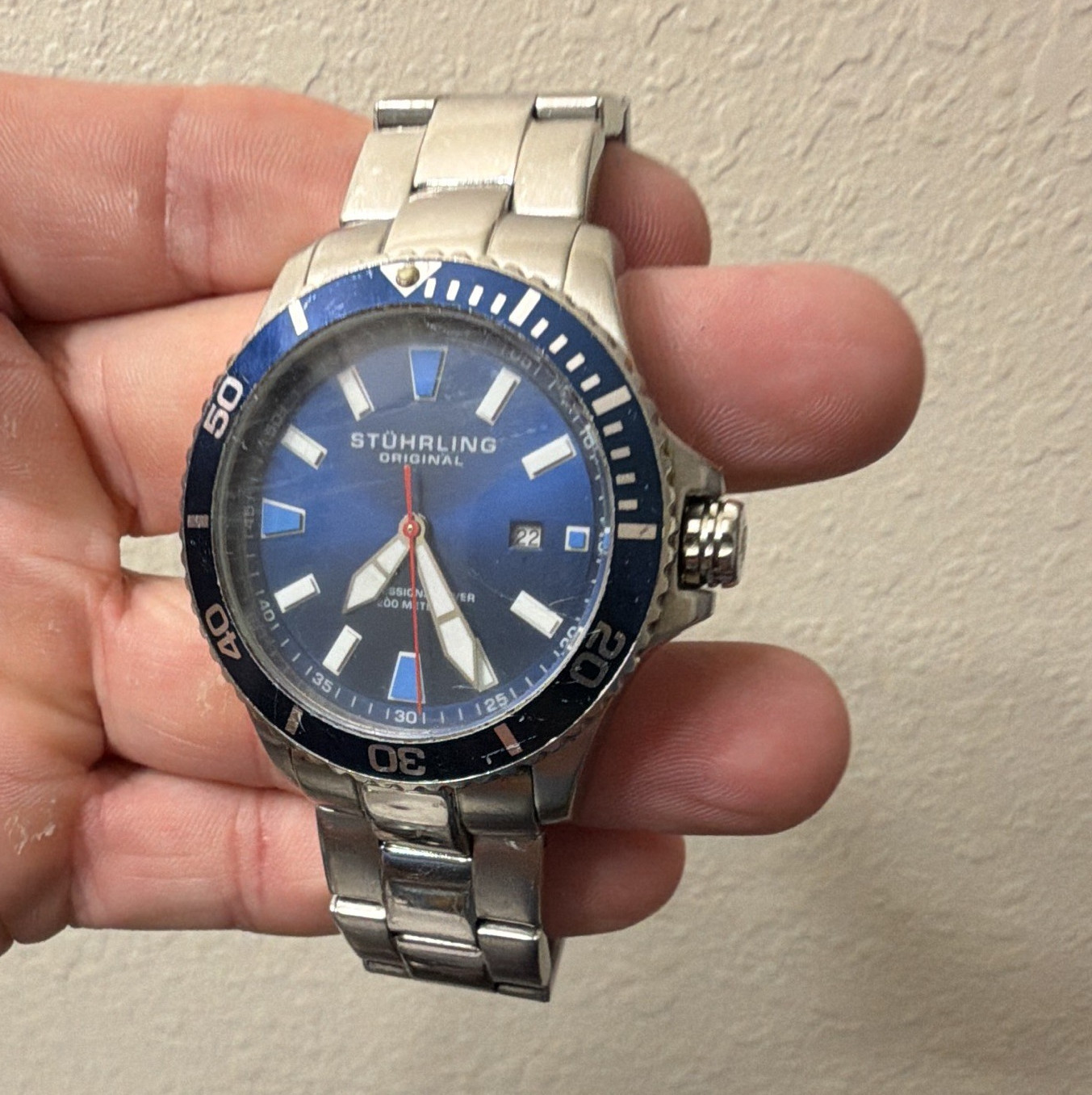 Stuhrling Original Men’s Diver 200m Quartz Blue Dial Date SS Bracelet