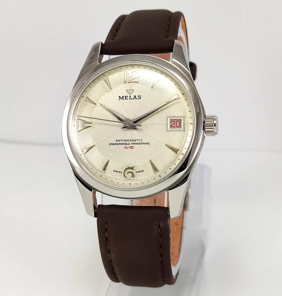 Working Melas Pearl Dial Date Function Handwinding Transparent Back Wrist Watch