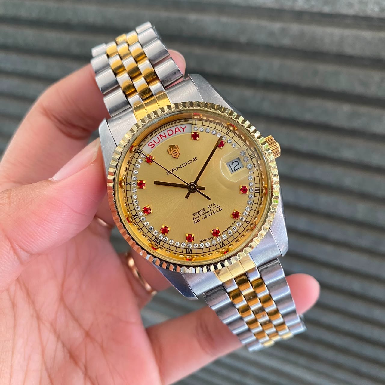 Rare Sandoz President Automatic 25J ETA Diamond Index Gold Day Date Watch Men