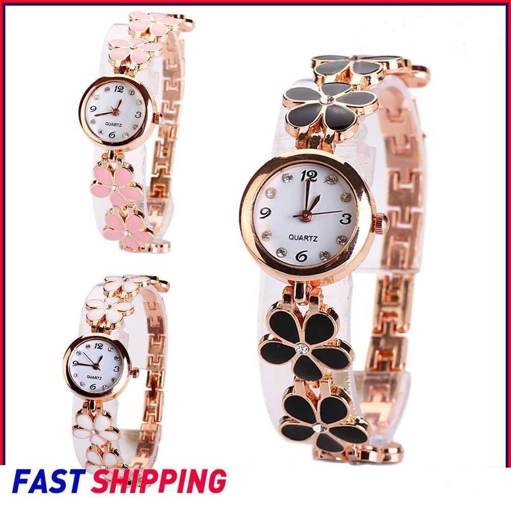 x3 Enamel & Gem Stone Daisy Watches Quartz Ivory Pink Black Fun Floral Fashion