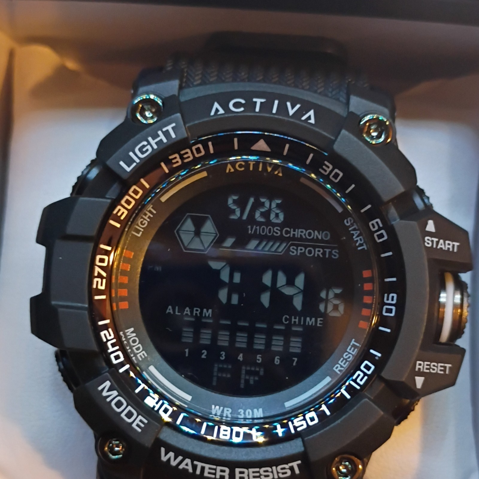 Activa Digital Sport Wristwatch Black Chronograph Alarm 30m Water Resistant New