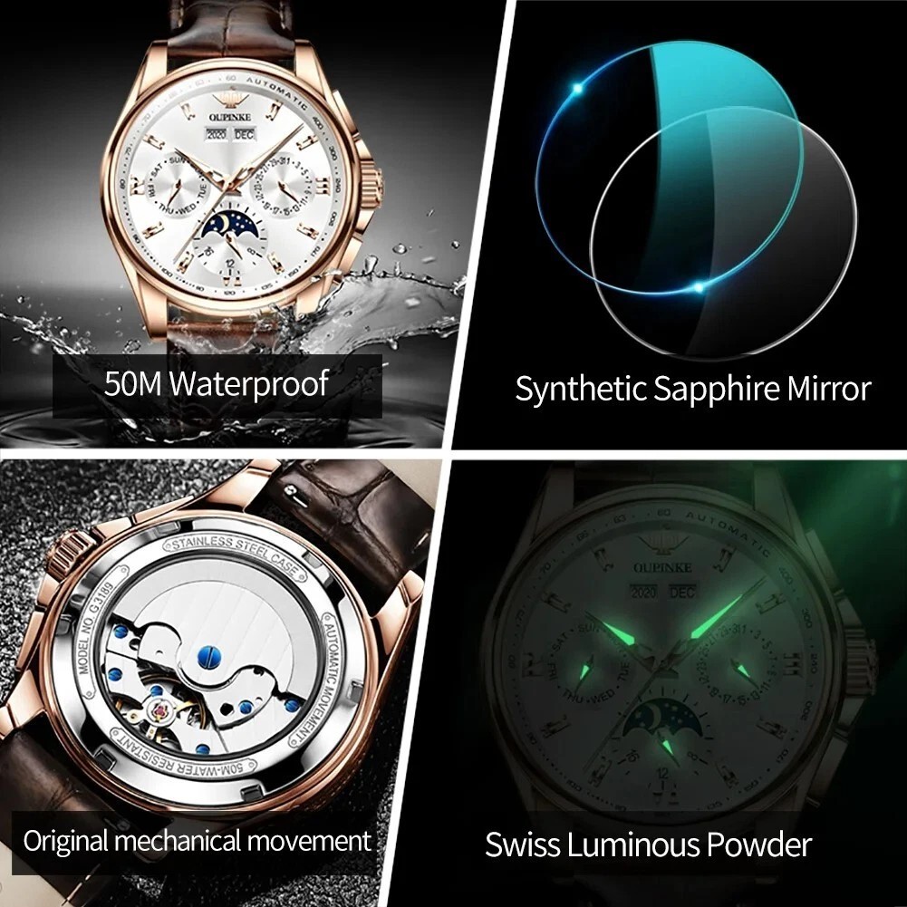 Automatic Mechanical Waterproof Watch Moon Phase Luxury Dial Men’s Men Strap
