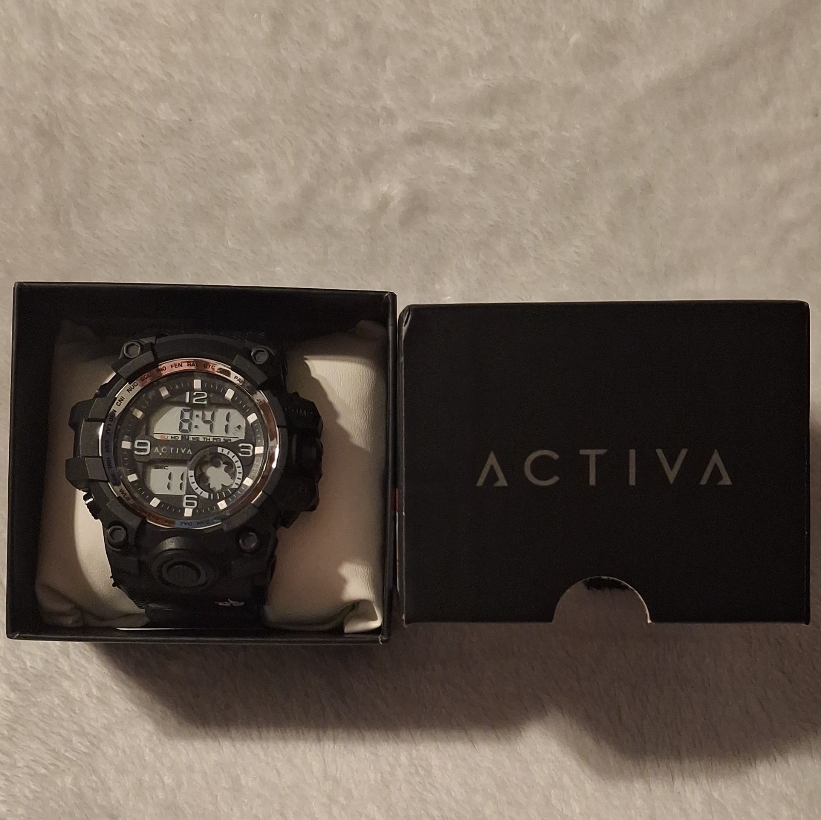 Activa Analog-Digital Quartz Sport Watch Alarm 10m Black/White Rubber Box