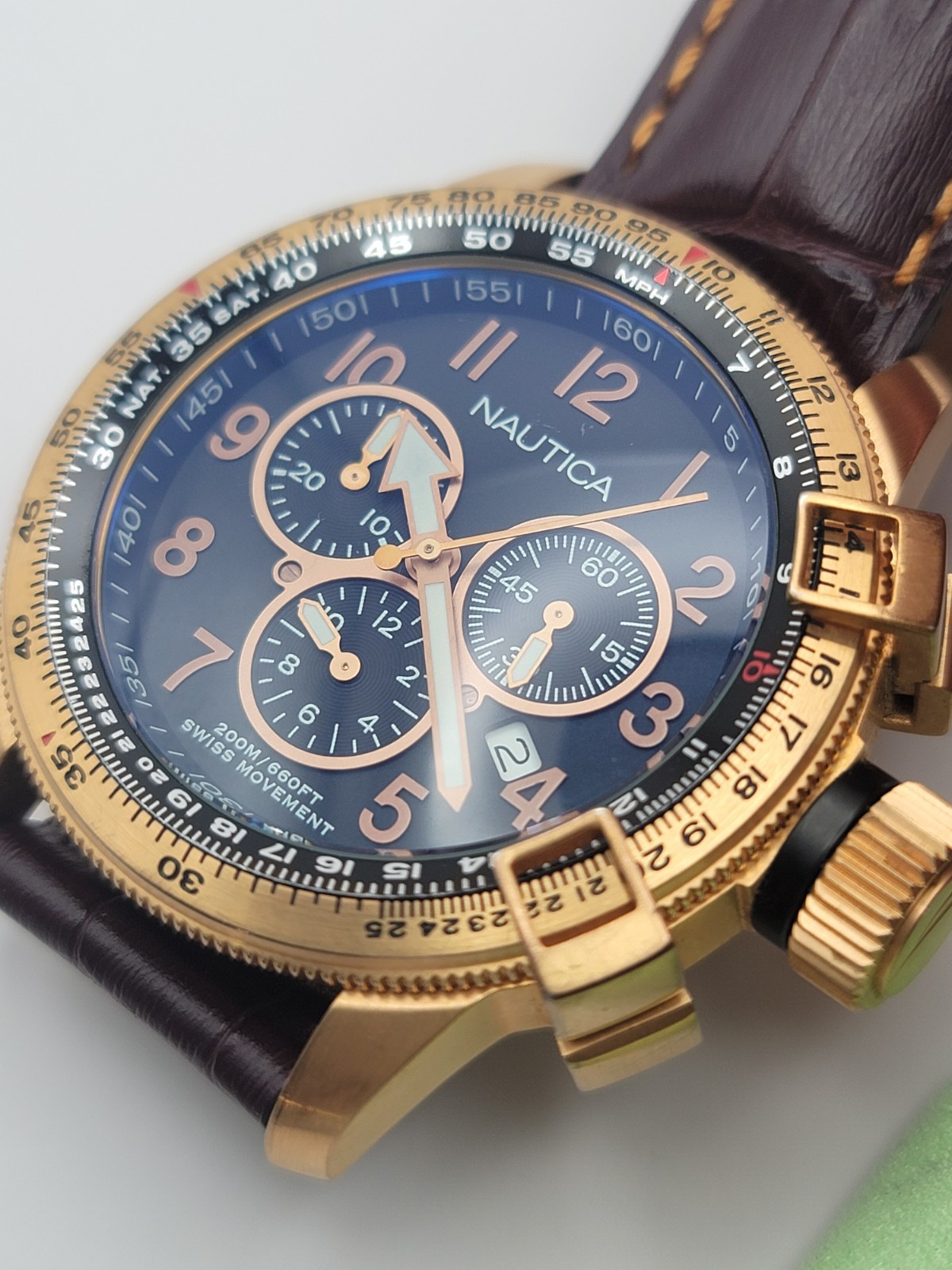 ​Nautica Flight Chronograph A31502 – Swiss Movt, 200m, Slide Rule Bezel, Leather