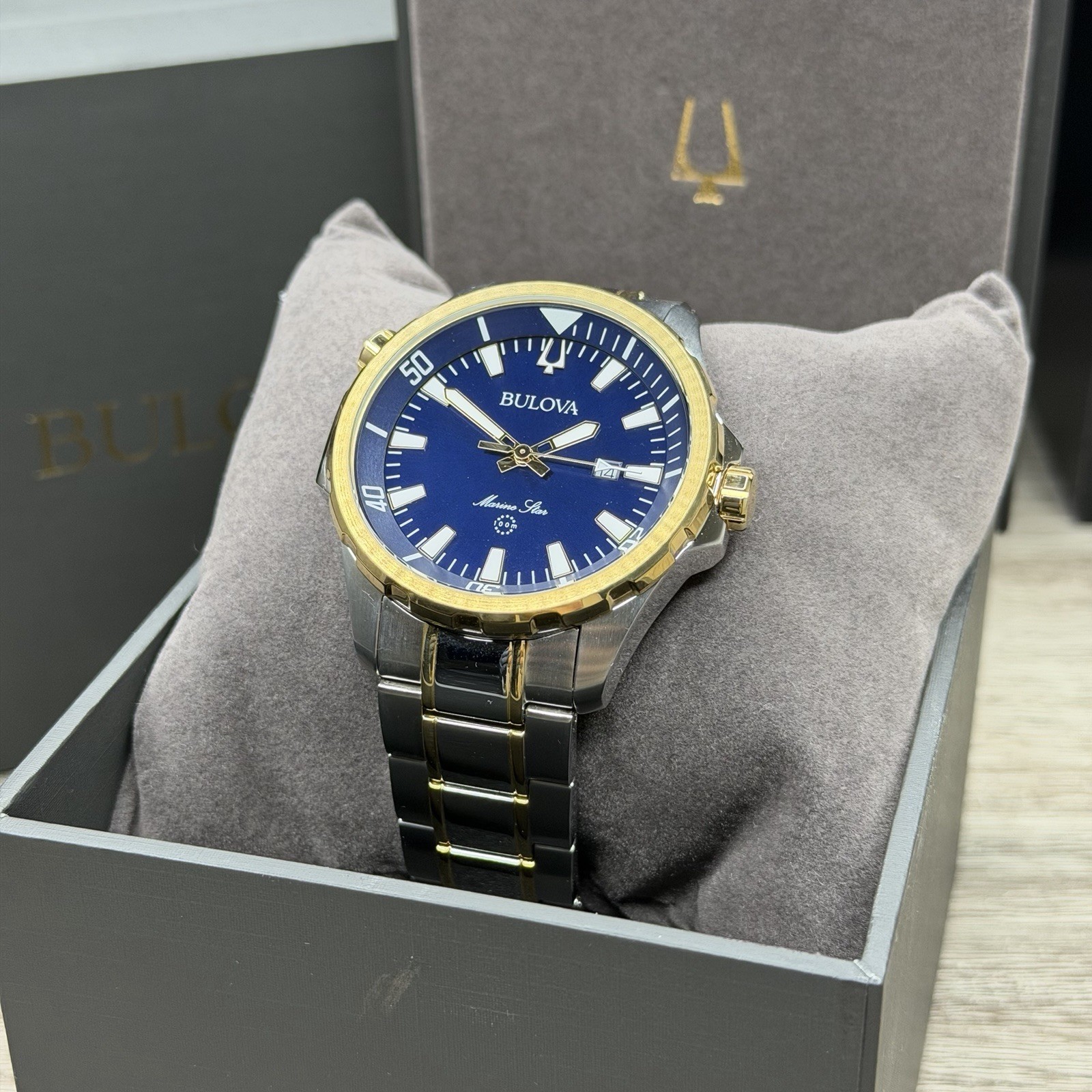 SPORT✅ Bulova Marine Star Blue Dial Calendar Two-Tone Men’s Watch 43mm 98B384