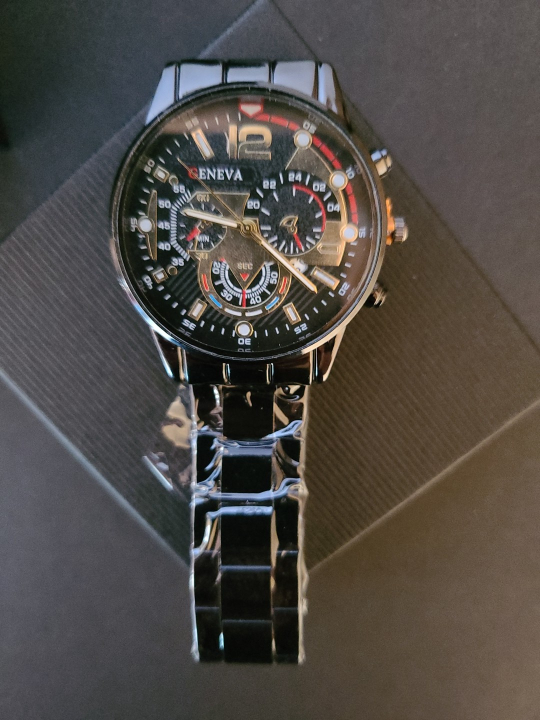 Geneva Men’s Gloss Black Watch With Black And Gold Dial 8 3/4 Inch Band