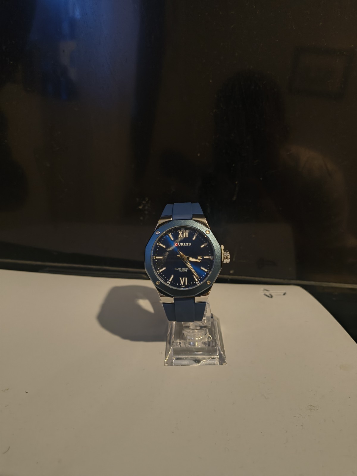 CURREN Quartz Analog Watch Blue Sunburst Dial Date, Blue Rubber Strap 40-43.9mm