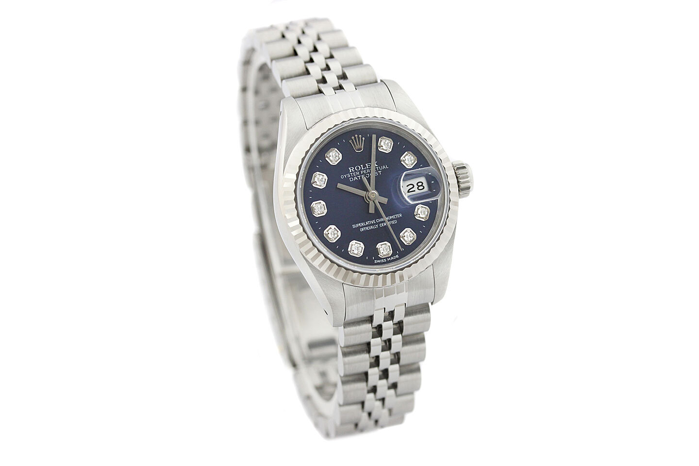 Rolex Ladies Datejust 69174 18K White Gold & Steel Blue Diamond Dial Watch