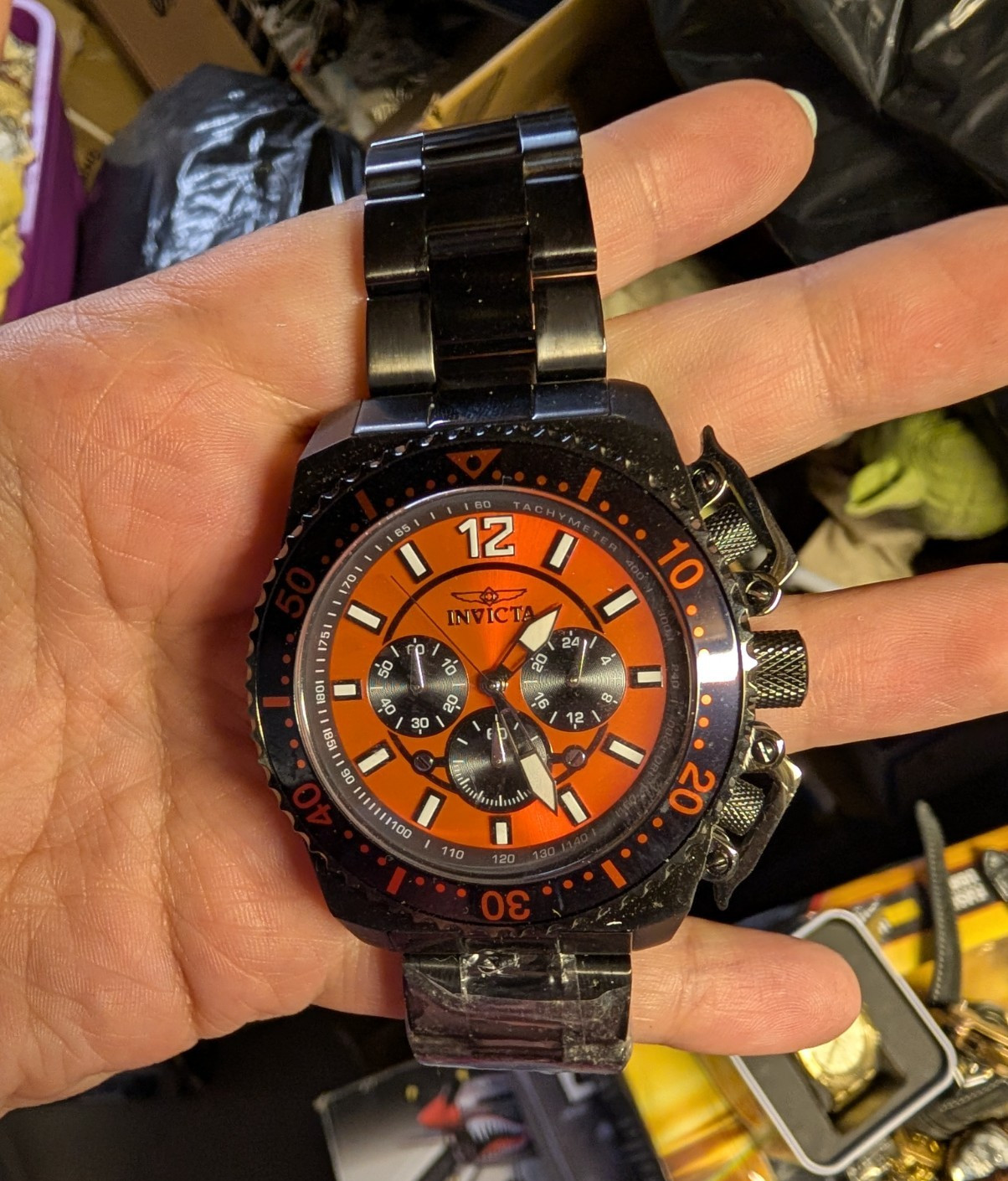 Invicta Pro Diver Quartz Men’s Chronograph Tachymeter Orange Dial SS Bracelet