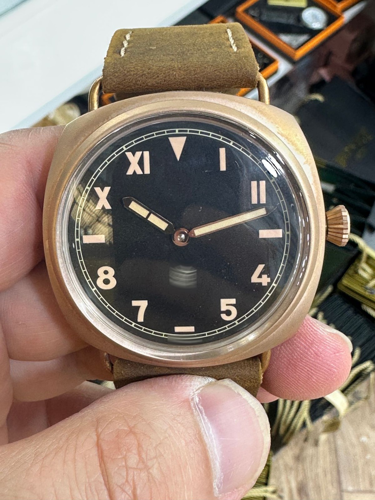 44mm Manual Wind Mechanical Watch Bronze Case Black Dial Suede Strap New