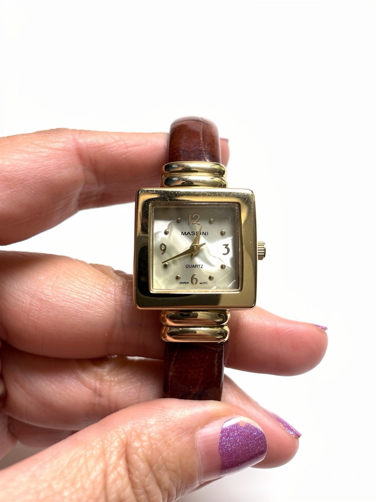 Vintage Gold Square Watch Brown Leather Mother of Pearl MOP Dial Dainty Minimal