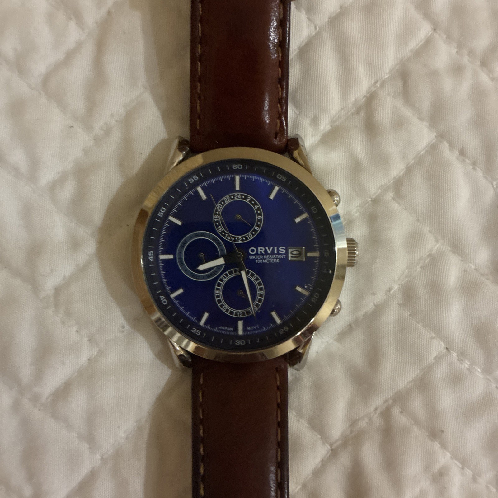 Orvis Mens Watch 38mm Blue Dial Chronograph Date Leather Tachymeter New Battery