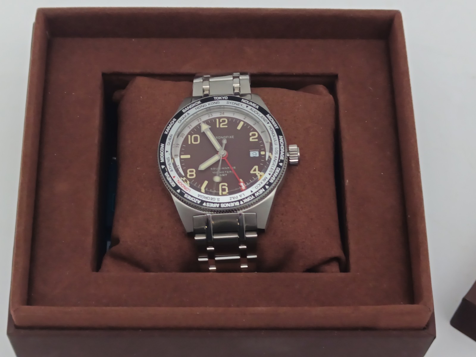 Chronofixe Sous-Marine GMT Watch 100M World Time Bezel Brown Dial Men’s + Box